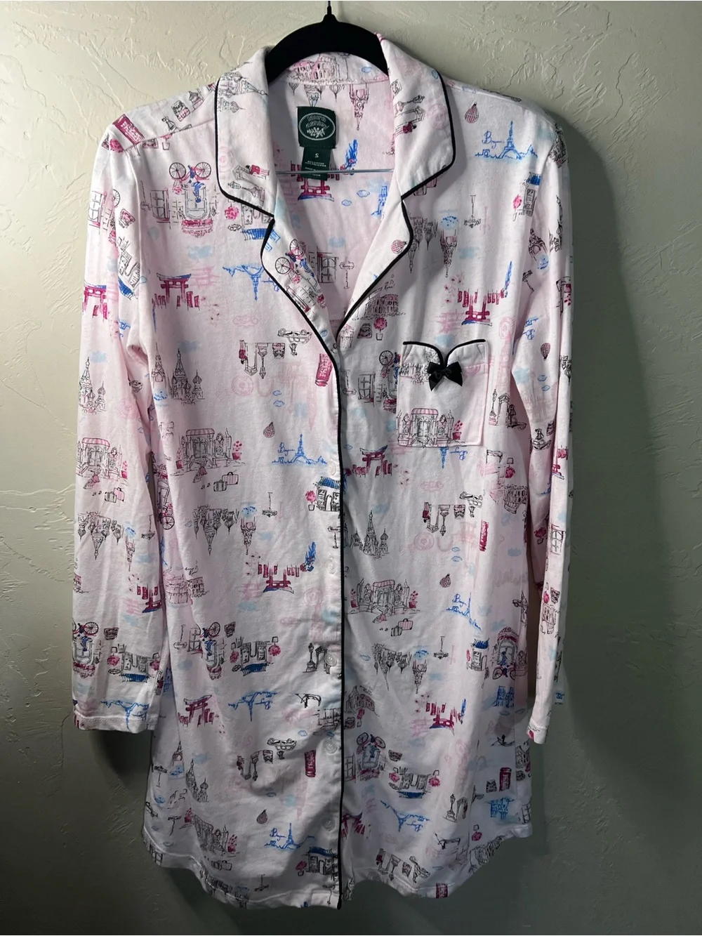 Laura Ashley Pink Global City Print Knit Button Down Lounge Comfy Sleep Shirt